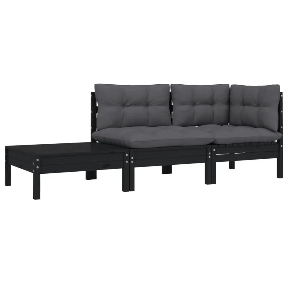 VidaXL 3-delige Loungeset Met Kussens Massief Grenenhout Zwart 1 VidaXL 3-delige Loungeset Met Kussens Massief Grenenhout Zwart